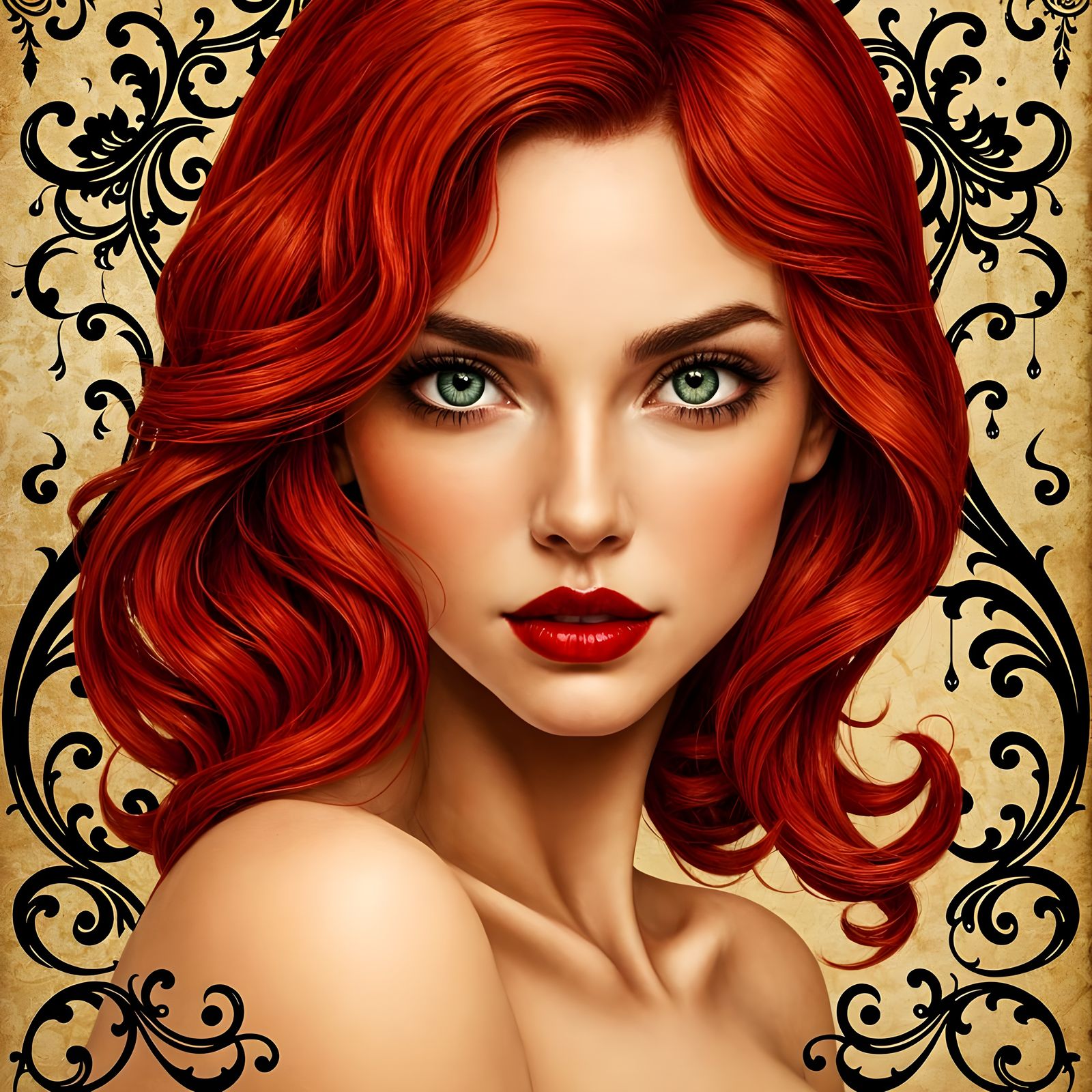 Stunning Portrait in Vintage Illustrative Style with Red Hai...