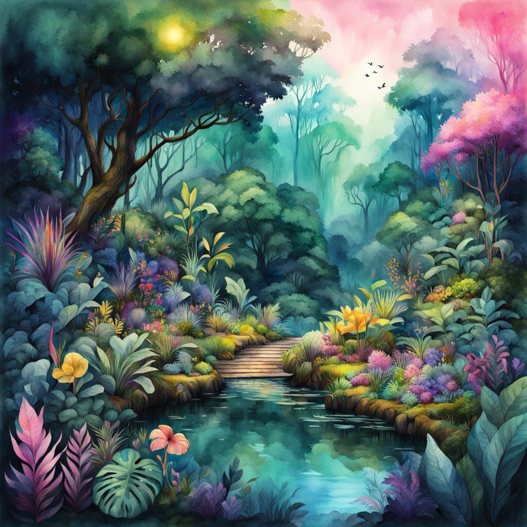 Rainforest Watercolour Illustration in Romantic Style