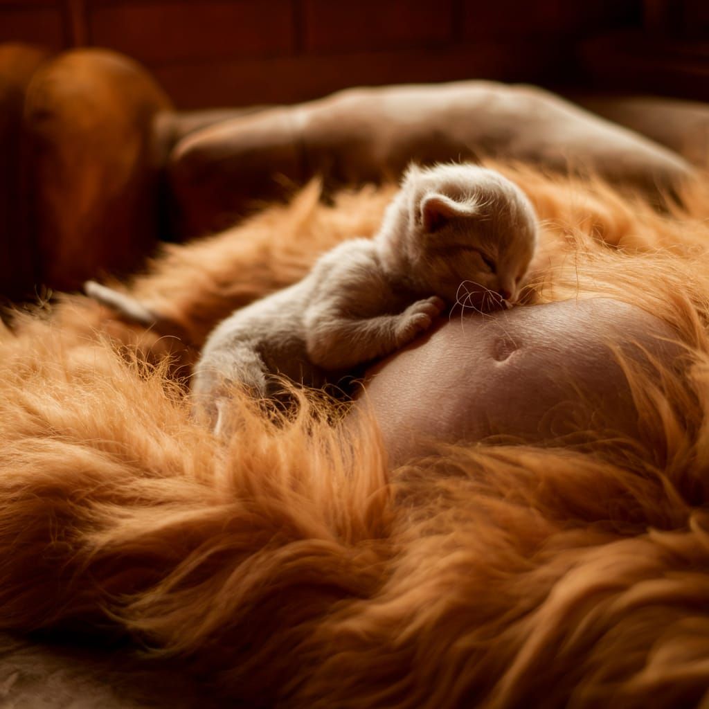 Newborn Kitten Snuggled in Golden Fur