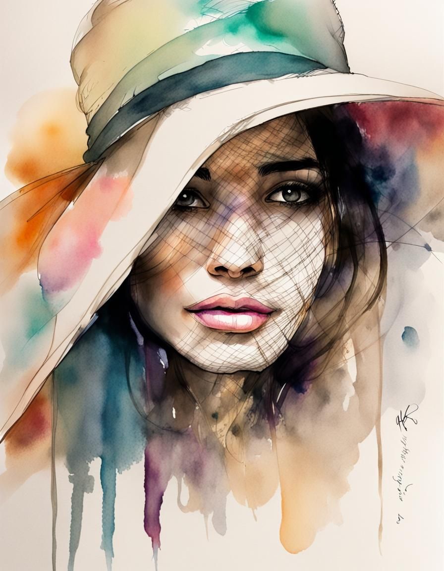 Beautiful woman, hat with veil over face, artfully, ink draw...