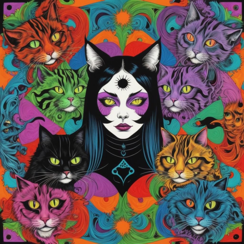 Trippy Multicolor Portrait of a Mad Cat Lady