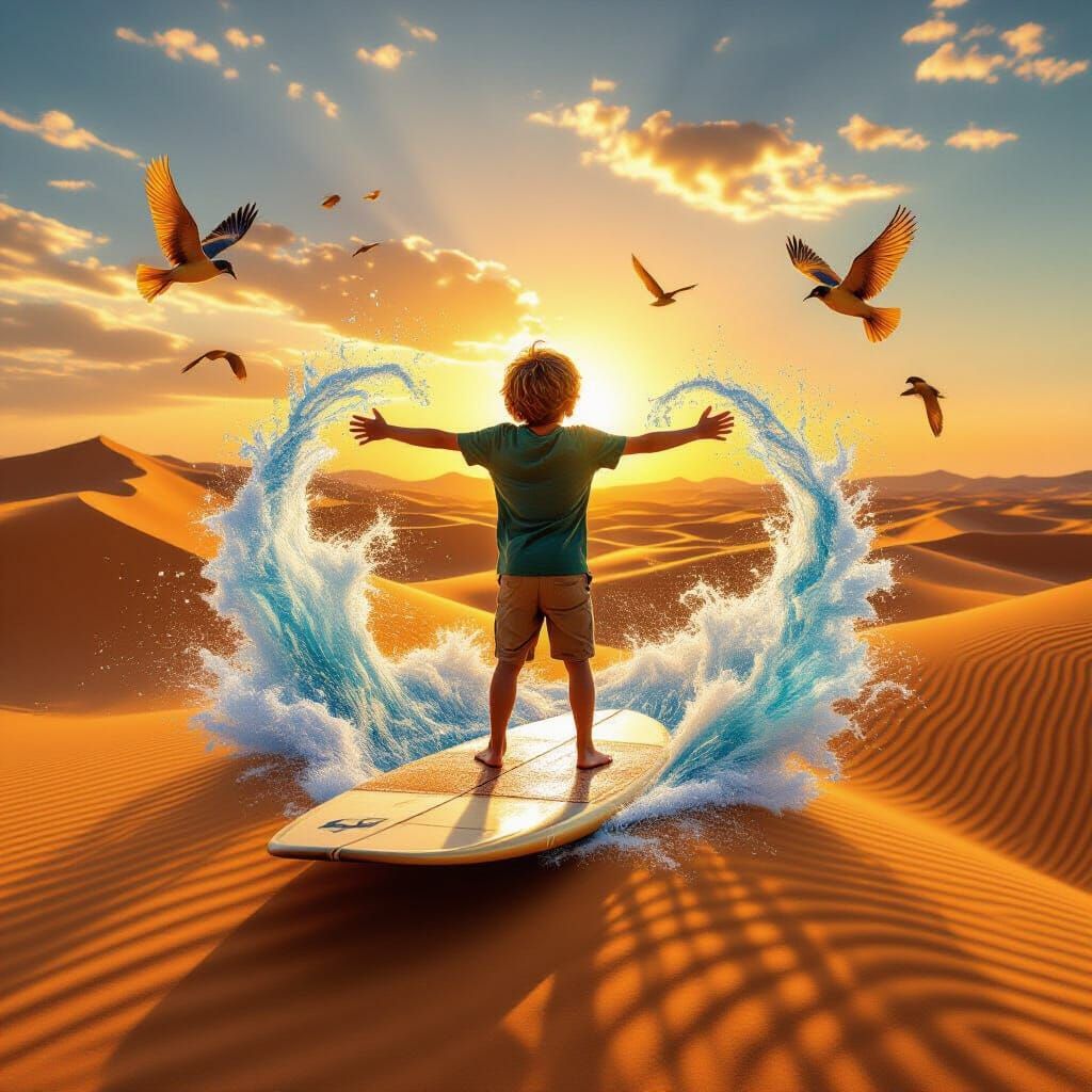 Boy Surfing Sand Dunes at Desert Sunrise