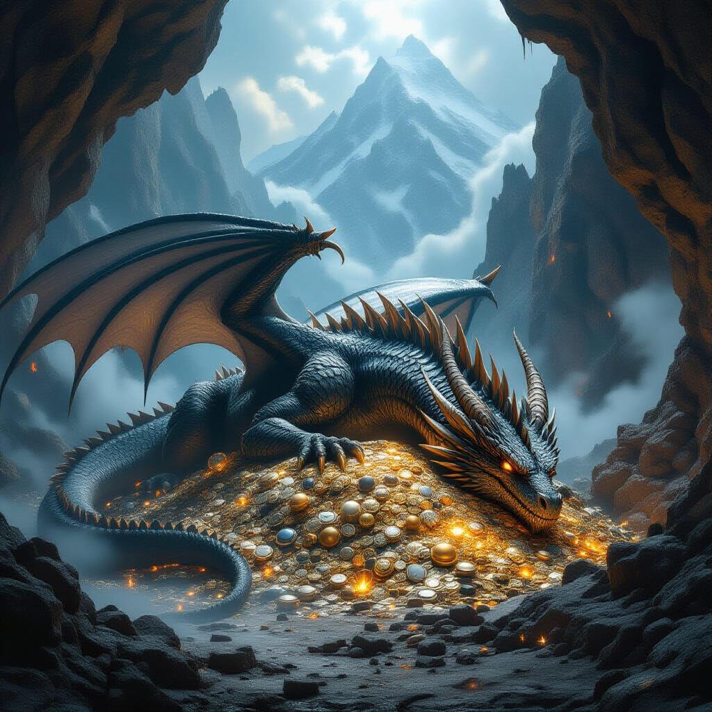 Colossal Dragon Sleeps on Treasure Hoard in Lair