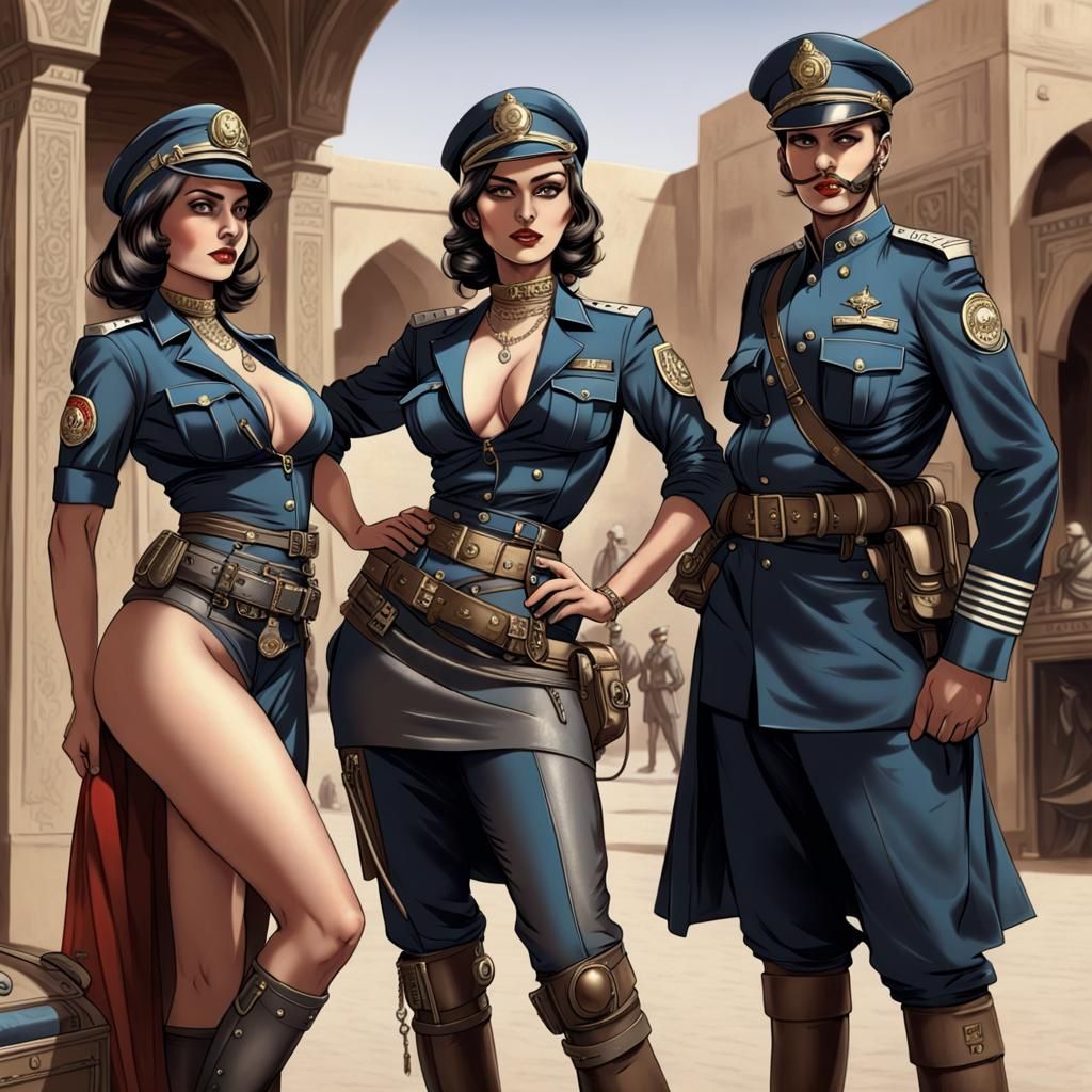 Dieselpunk Lady Officers Trade with Arabian Merchants
