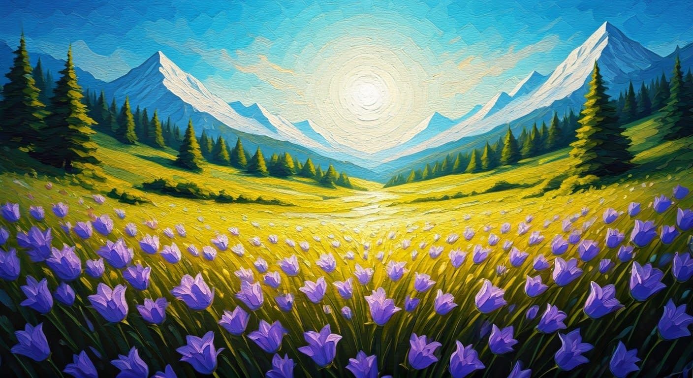 Bellflower Meadow: A Neo-Impressionistic Landscape Painting