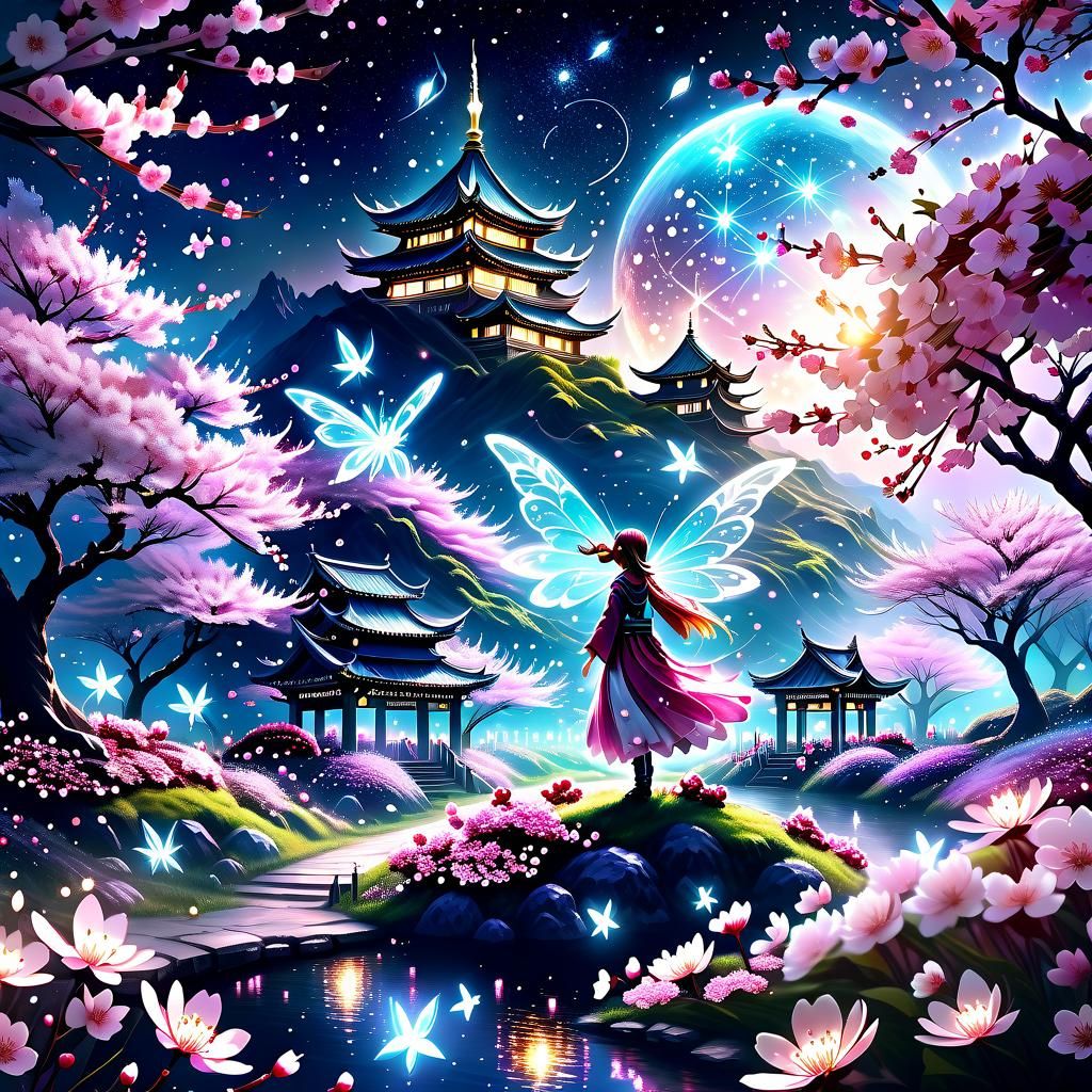 Fairy in Cherry Blossom Garden Fantasy Art
