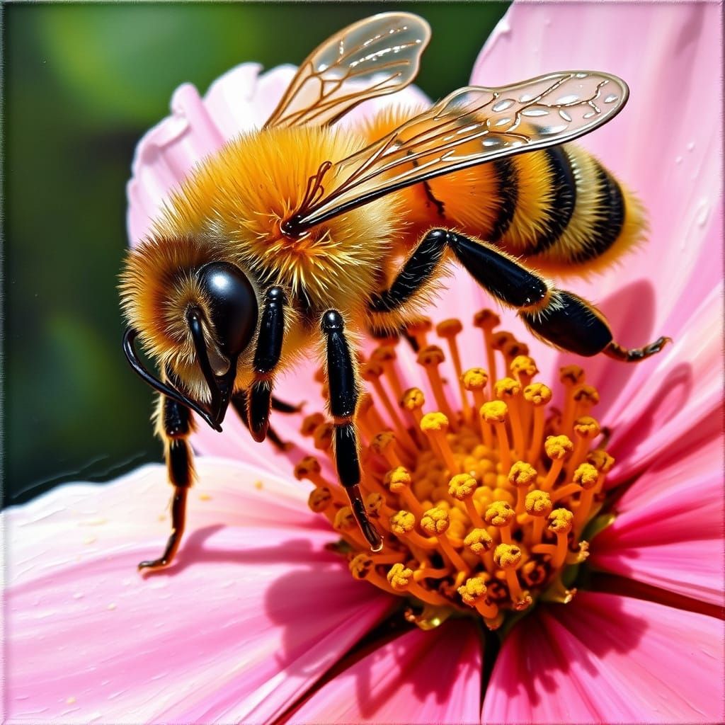 Honey Bee on Flower: Hyperrealistic Impasto Painting
