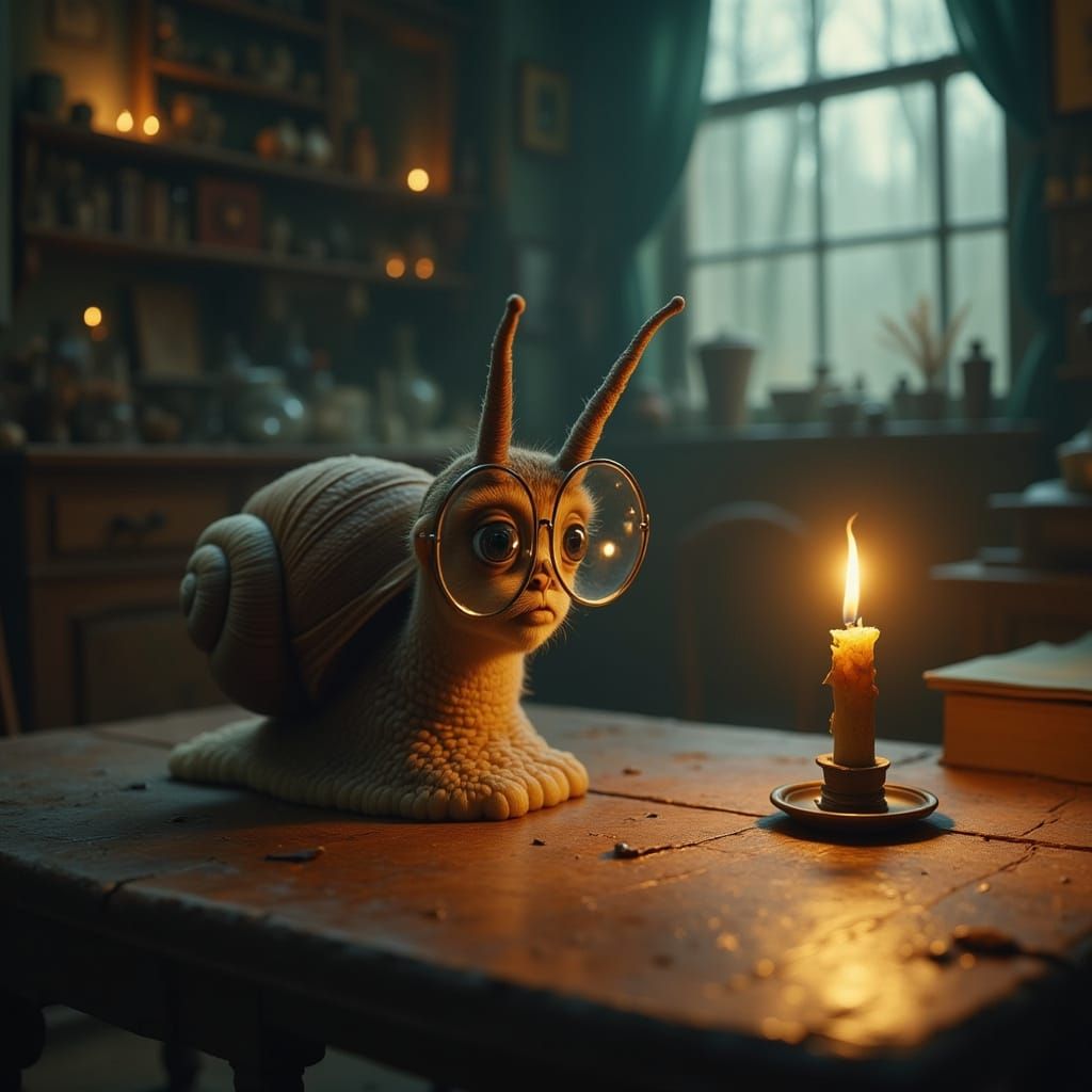 Snail in Spectacles Gazing at Candle Flame