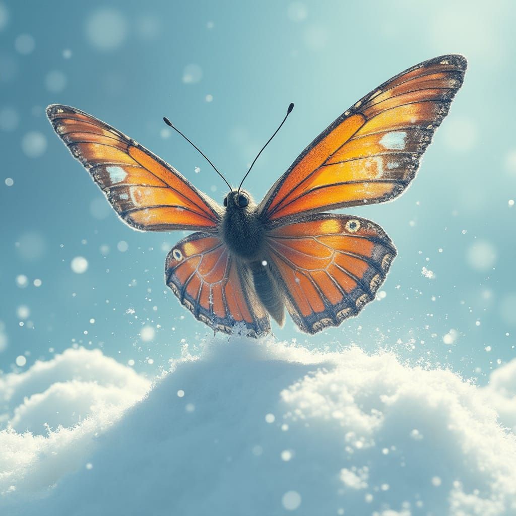 Iridescent Butterfly Flies over Arctic Ice
