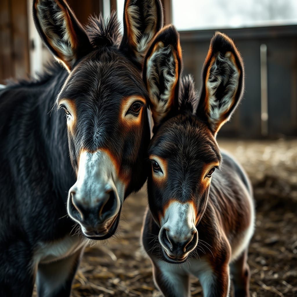 Cuddling Donkey Family in Barn Scene