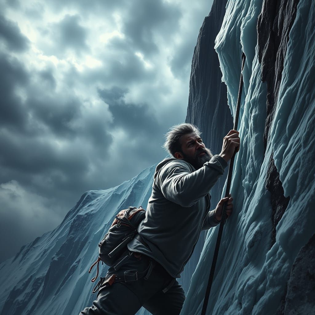 Epic Mountain Climb Under Stormy Skies