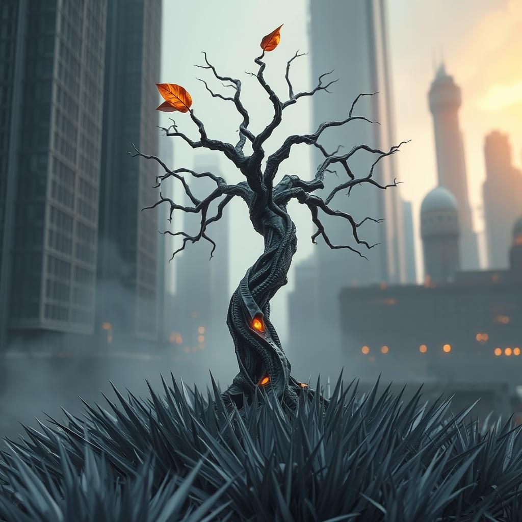 Industrial Metal Tree Sculpture in Golden Light