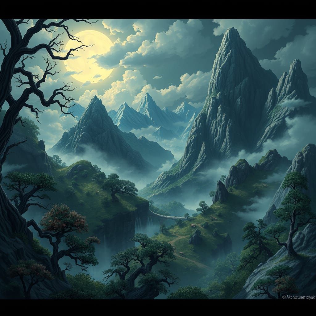 Dark Fantasy Mountain Landscape in a Dynamic, Action-Packed ...