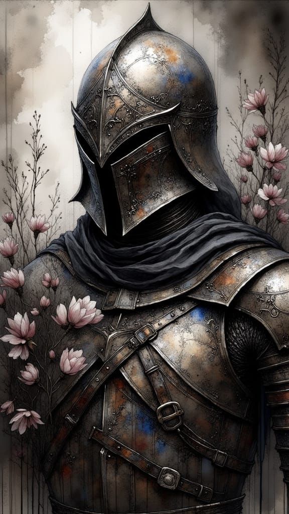 Dark Medieval Warrior with Flowers in Blackwork Style