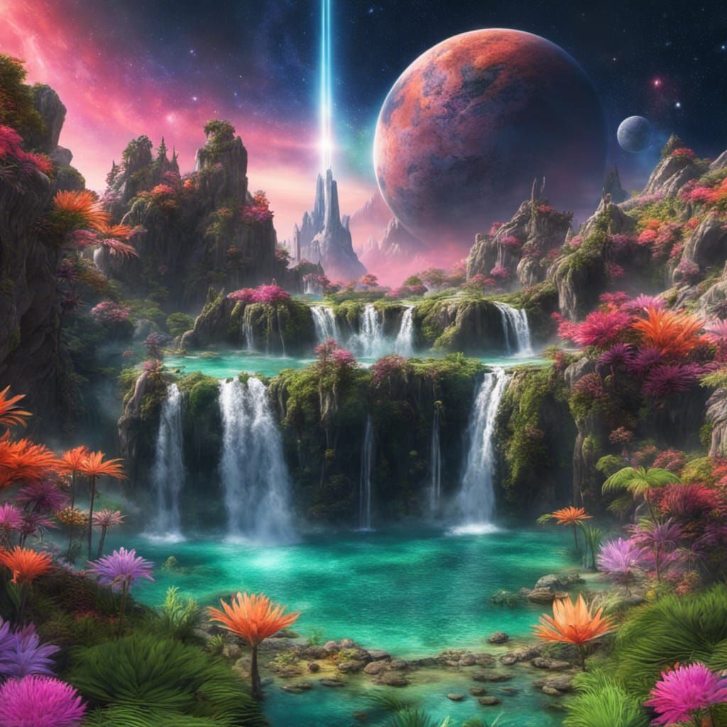 Alien Planet: Waterfalls Flow into Crystal Lagoon