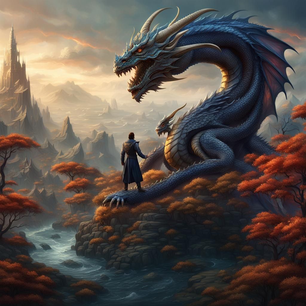 Fantastical Dragon and Human Holding Hands