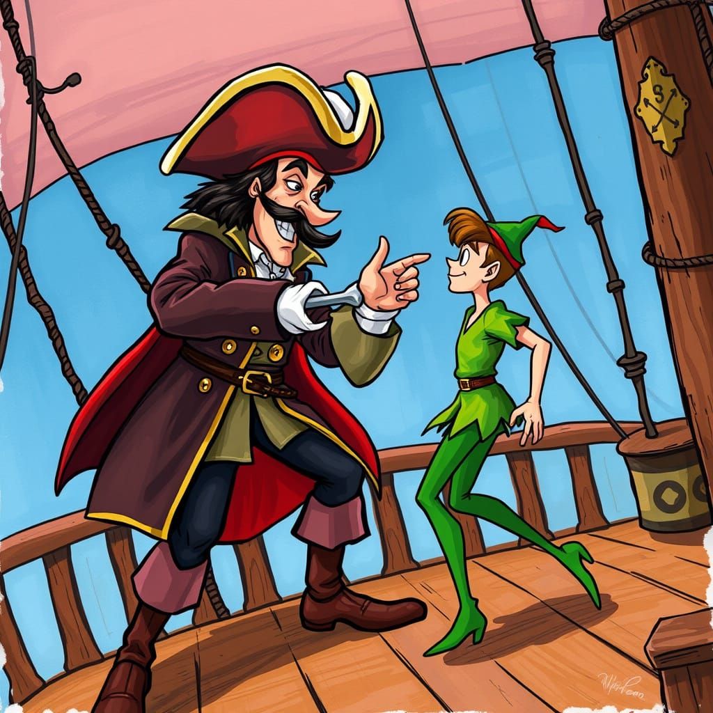 Captain Hook and Peter Pan Duel in Cartoon Style