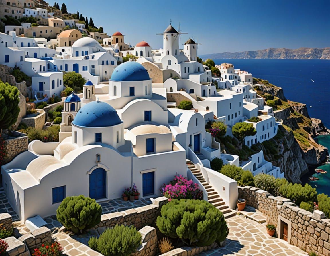 Picturesque Greek Village Overlooking the Sea
