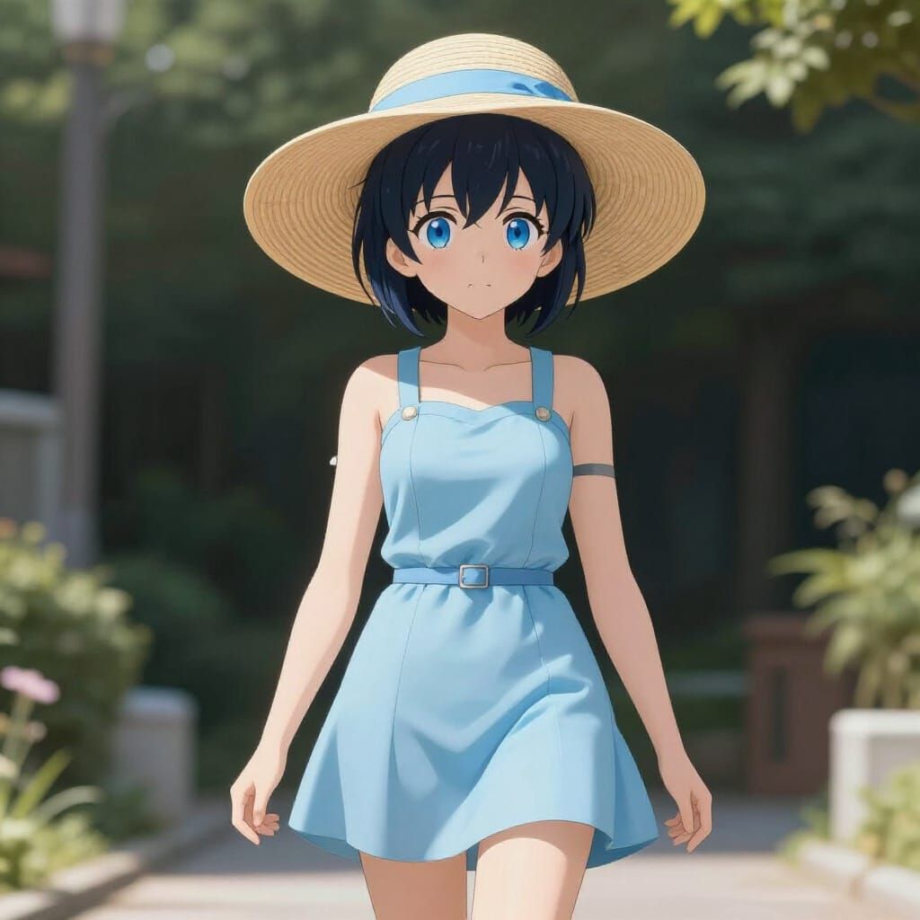 Mayuri Shiina in Light Blue Summer Dress and Sun Hat