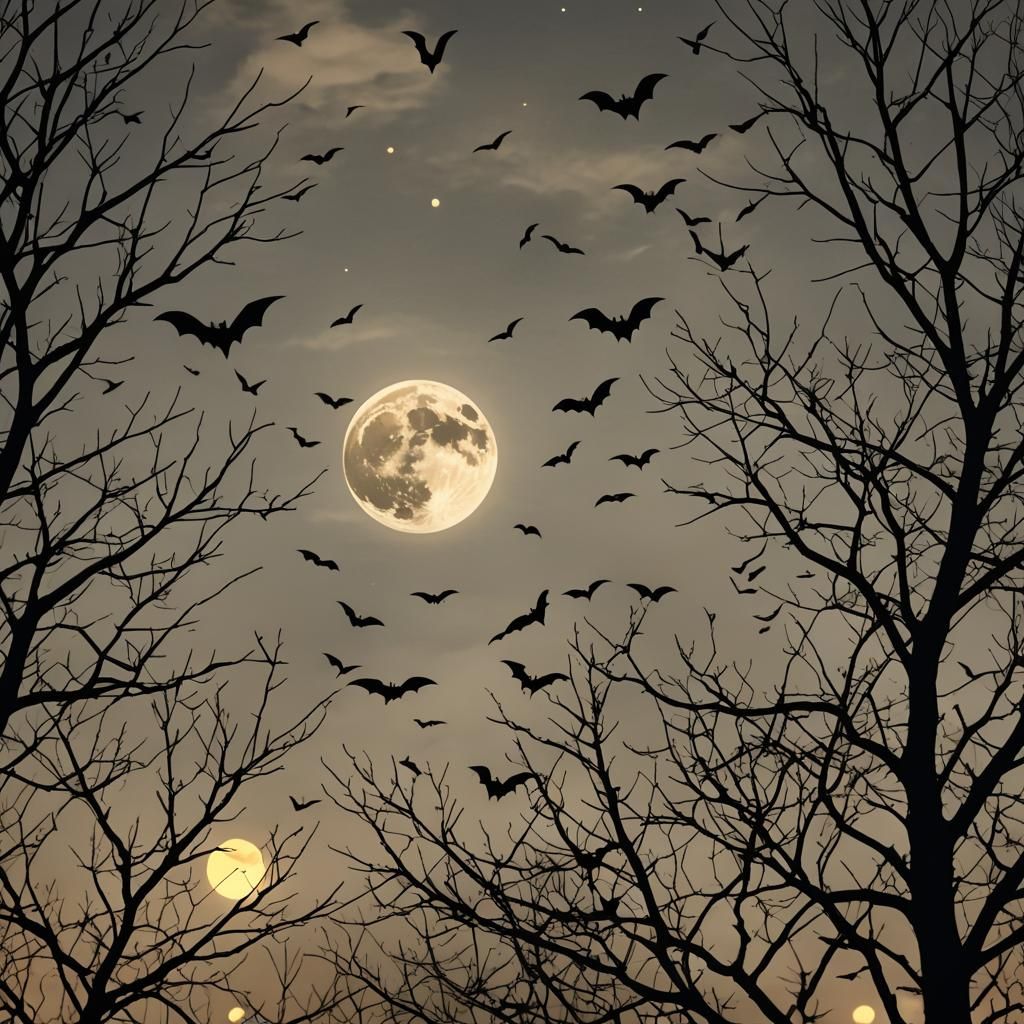 Dystopian Harvest Moon with Bats and Bokeh