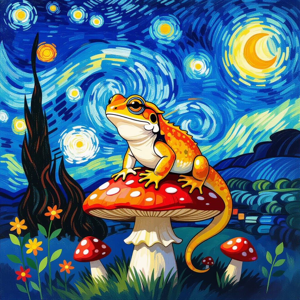 Newt on Mushroom in Starry Van Gogh Style