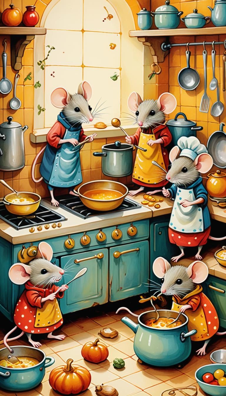 sketch style illustration of quirky whimsical mice in a kitchen , colorful, similar to children’s book illustrations by ...