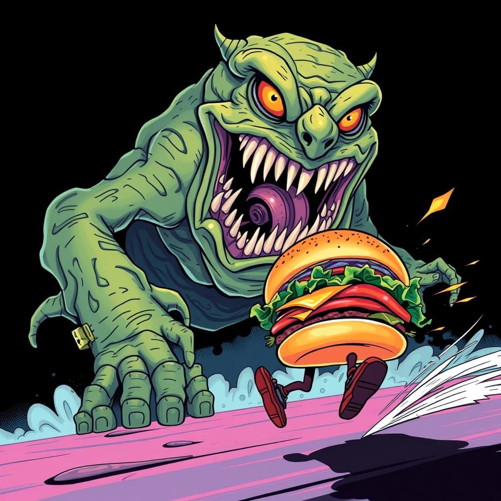 Hamburger's Frantic Escape from a Hungry Monster