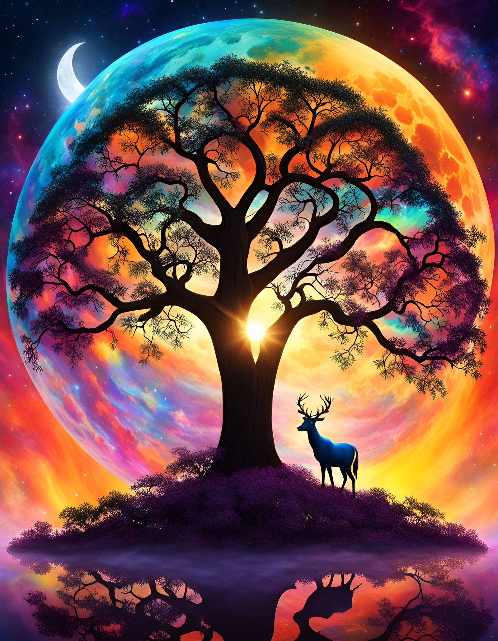 Abstract Tree of Life with Animals and Celestial Bodies