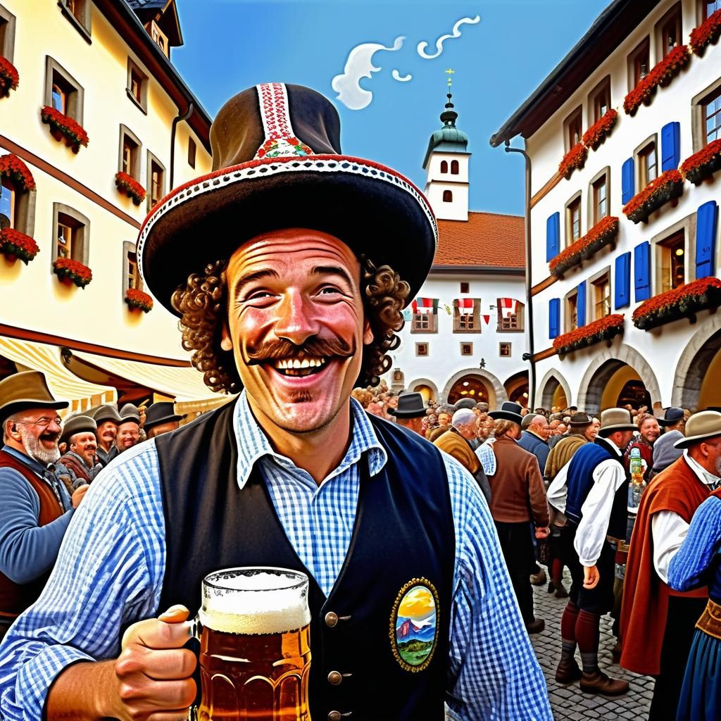Man Cheers with Beer in Festive Tyrolean Scene