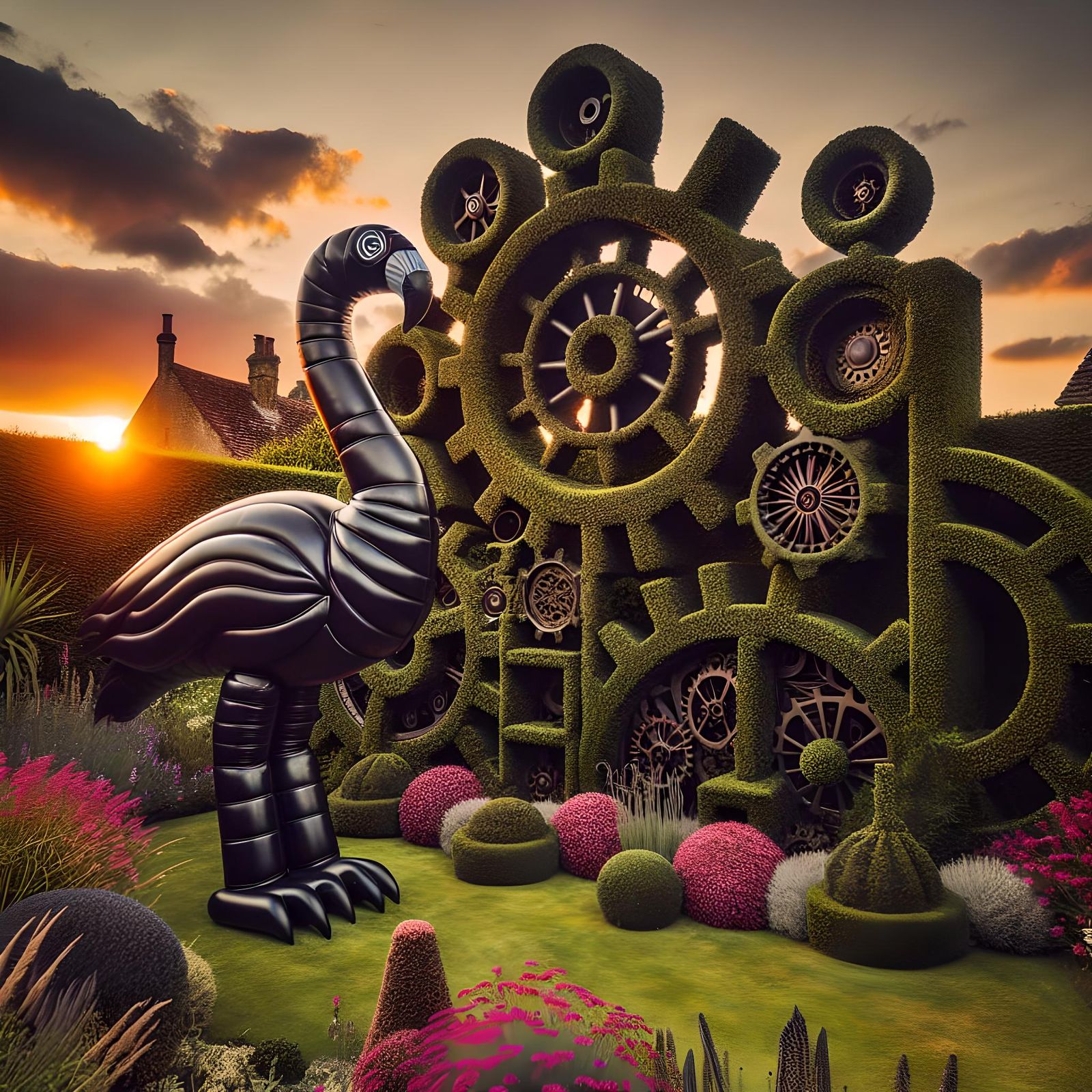 Steampunk Topiary with Goth Flamingo at Sunset