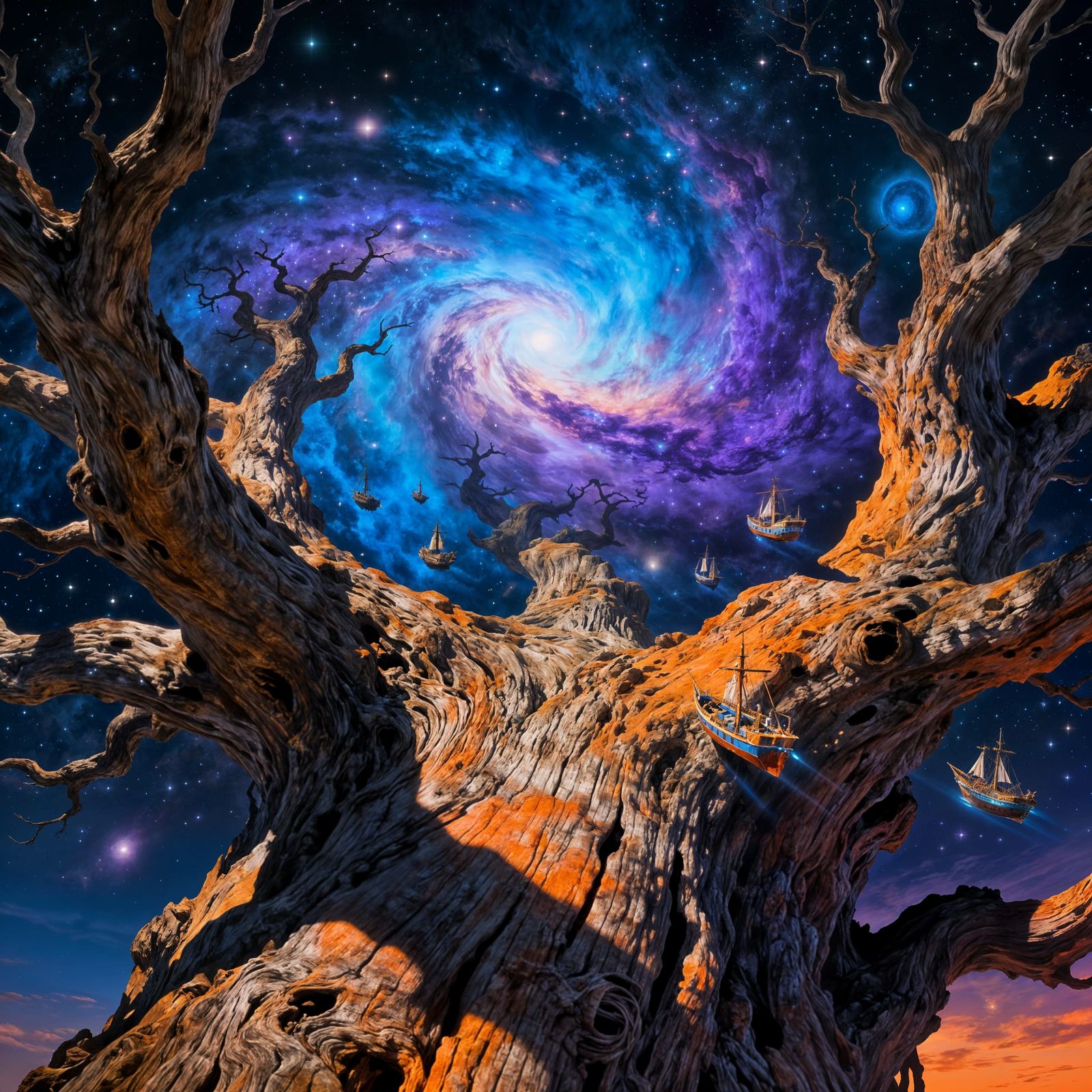 Cosmic Tree Reaches Nebula in Epic Fantasy Art Style