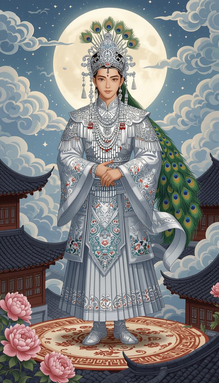Man in Ornate Silver Ceremonial Dress with Peacock Tails