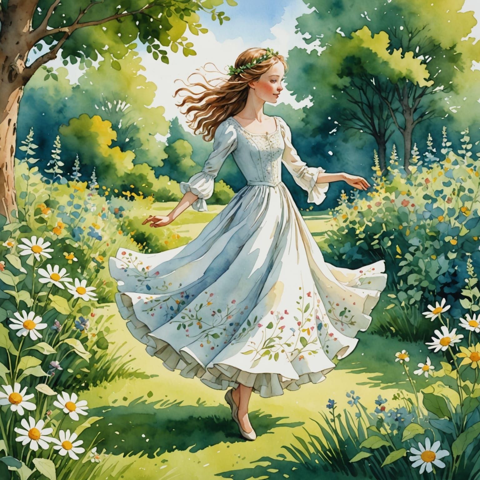 Dancing Girl in Summer Garden Watercolor