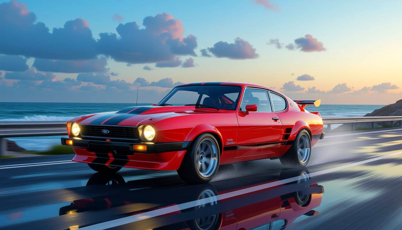 1974 Ford Capri RS3100 in Signal Red on Coastal Road
