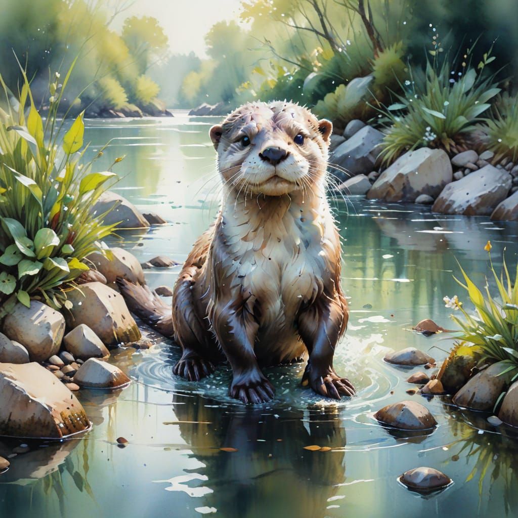 Playful Otter on Riverbank in Spring, Watercolour Art