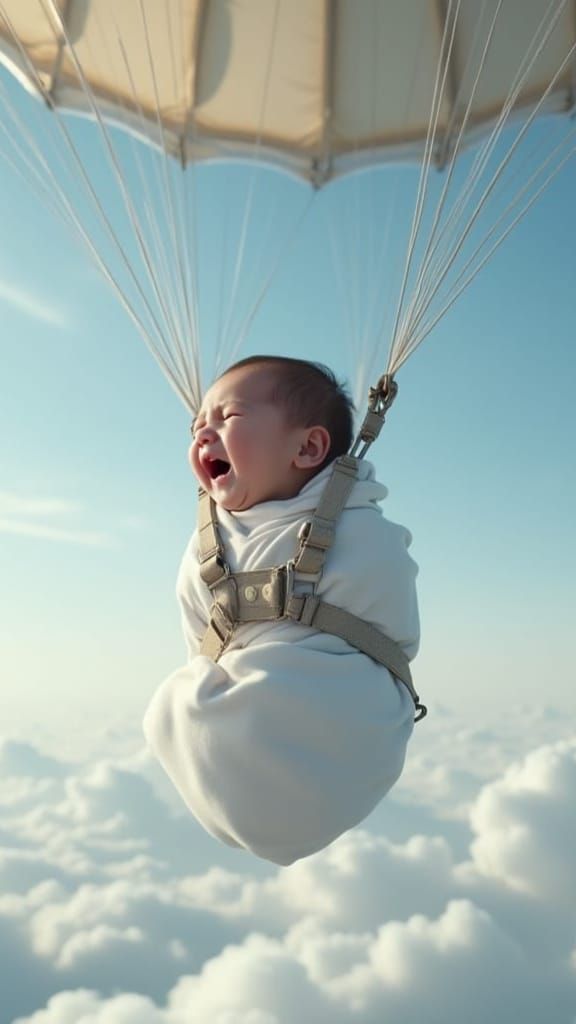 Newborn Baby Parachute Rescue: Photorealistic Aerial Scene