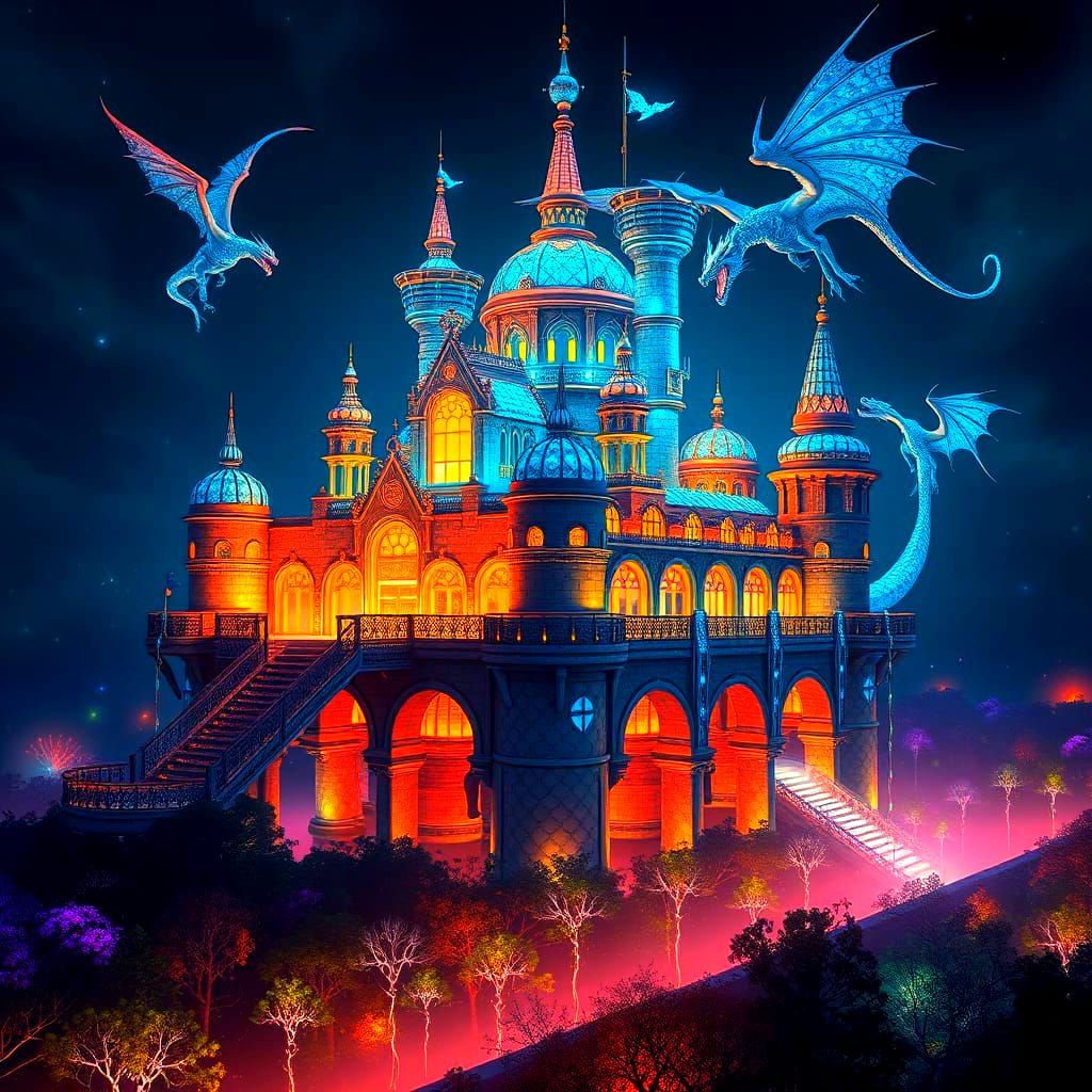 Luminescent Cyberpunk Castle with Dragons in Sky
