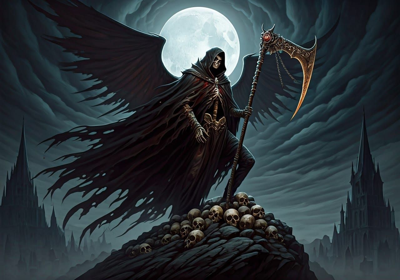 Grim Reaper on Skull Outcrop in Dark Surrealism Style