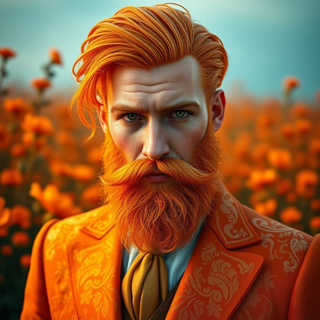Ornate Man in Orange Flower Field, Art Nouveau Style