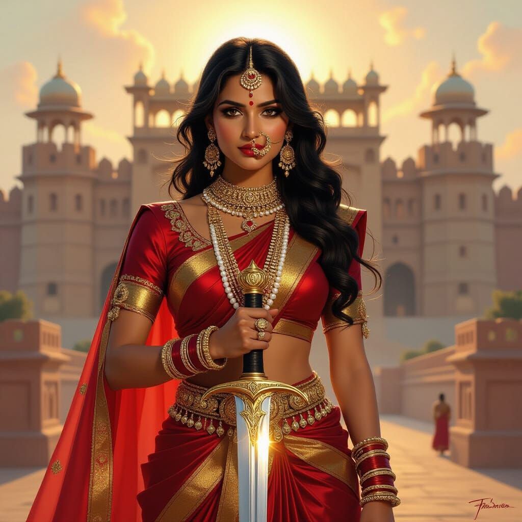 Queen Nayaki Devi with Sword, Oil Painting Style