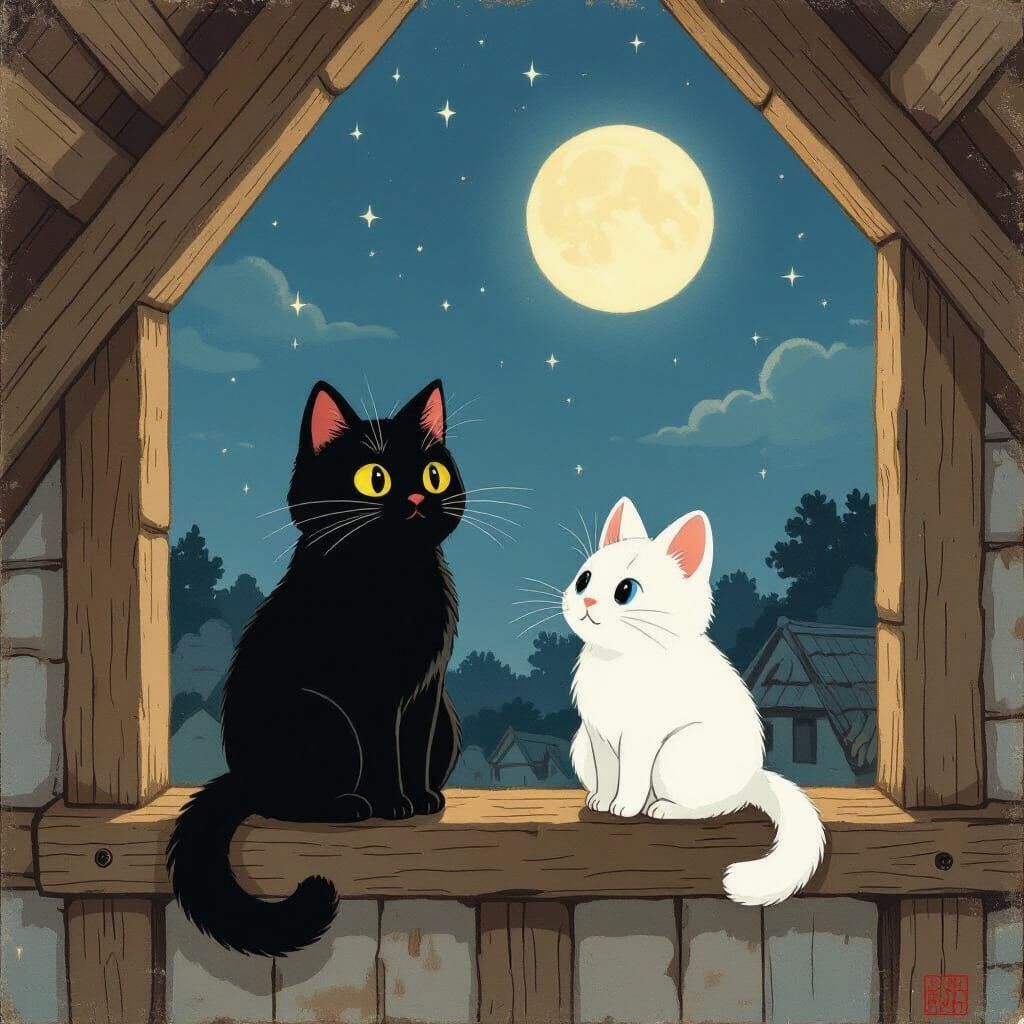 Black Cat and White Mouse in Harmony Under Moonlight