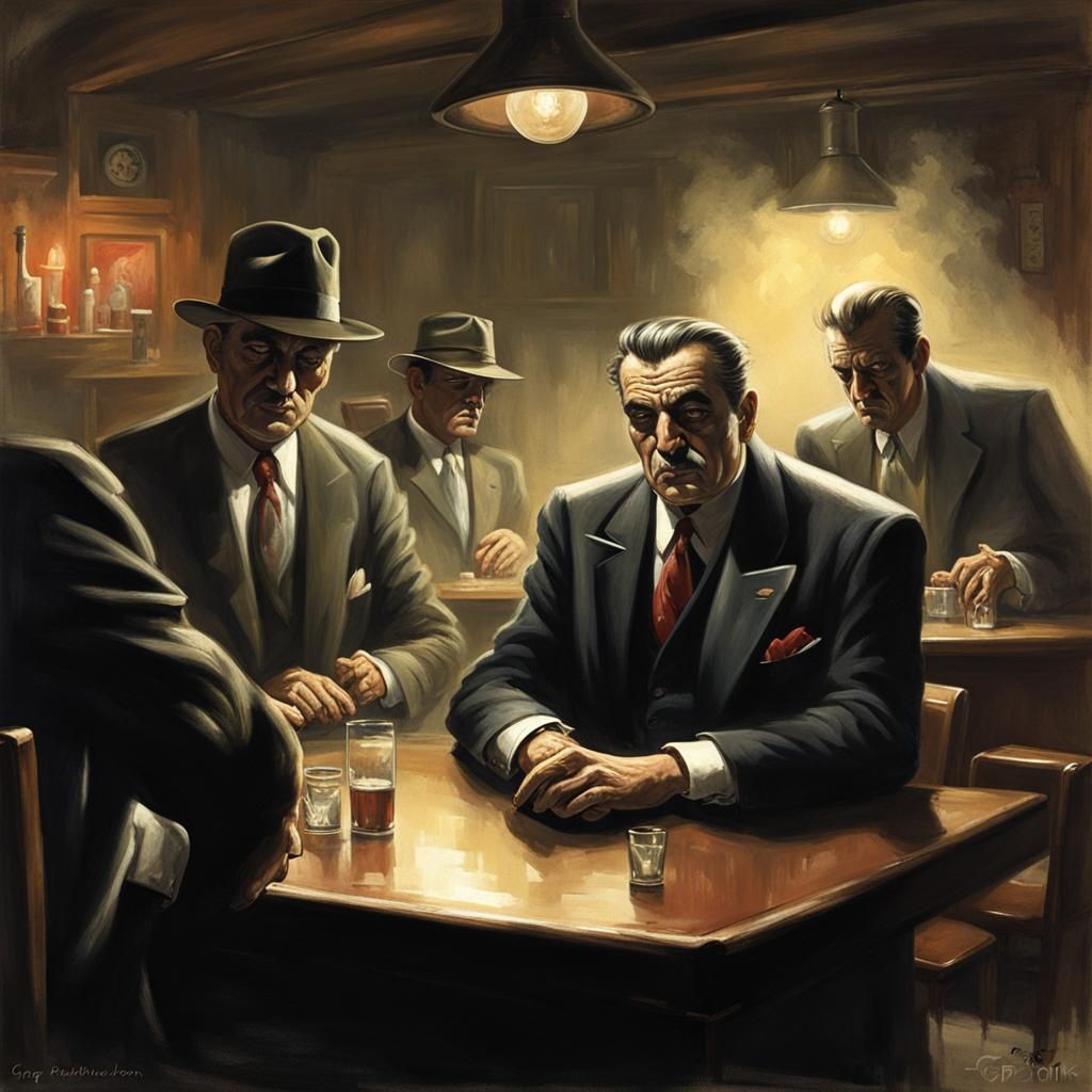Sinister Mafia Boss in Smokey 1950s Bar