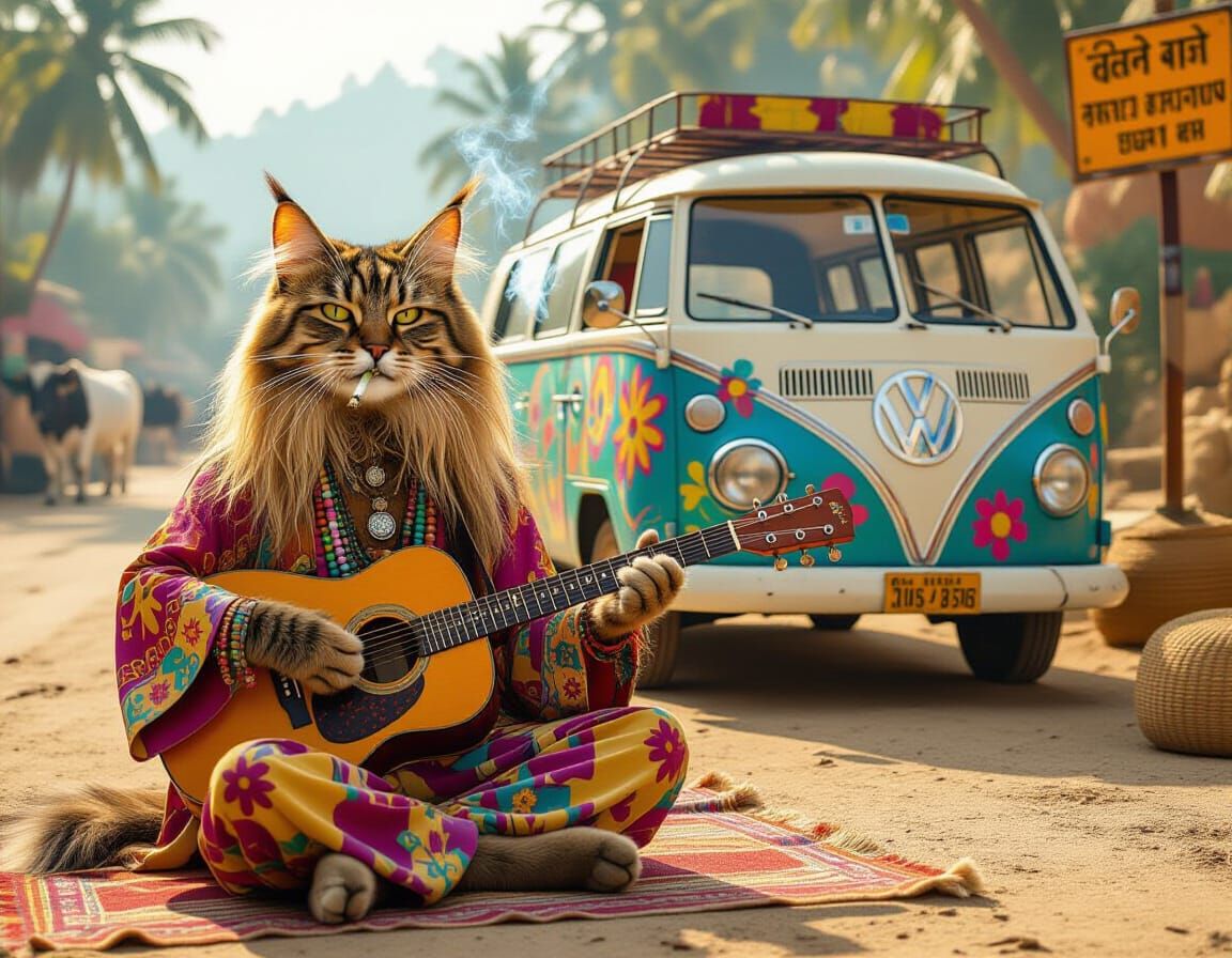 Hippie Cat Plays Guitar by Psychedelic VW Van