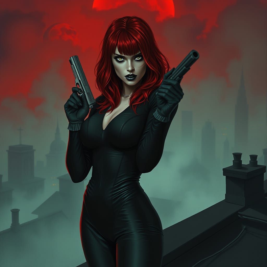 Red Headed Gothic Heroine on Dark Rooftop