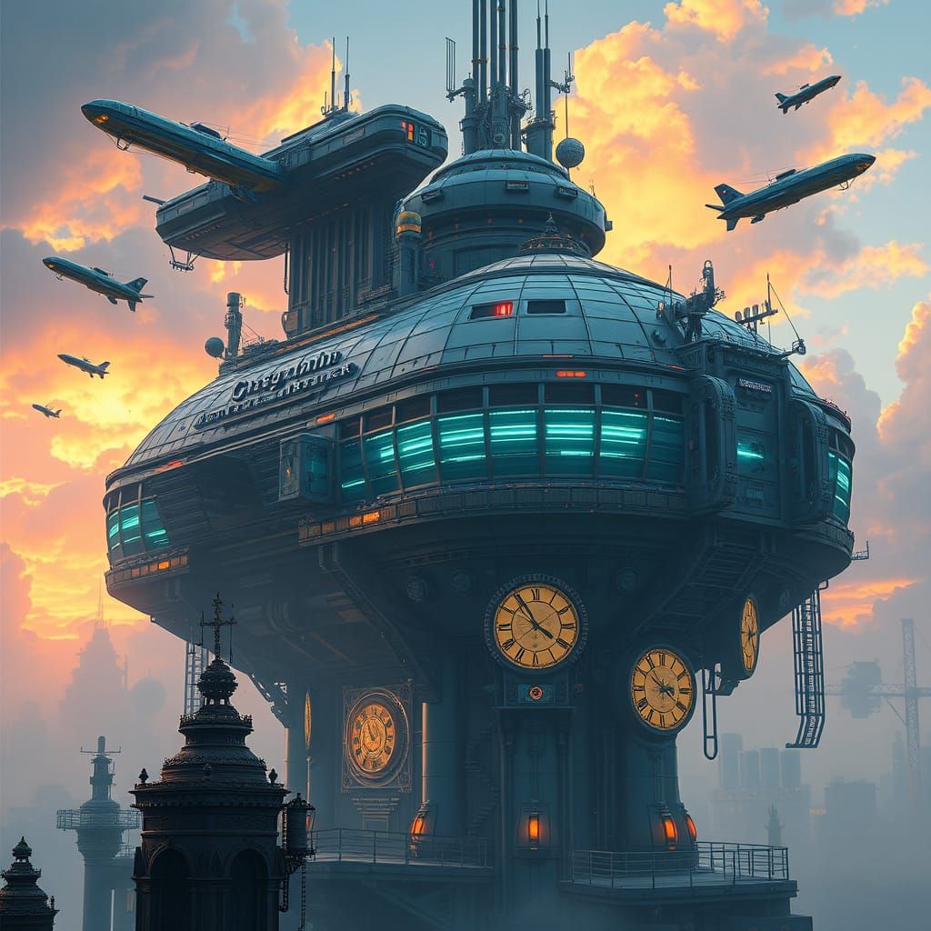 Cyberpunk Skybase with Clockwork and Blimps