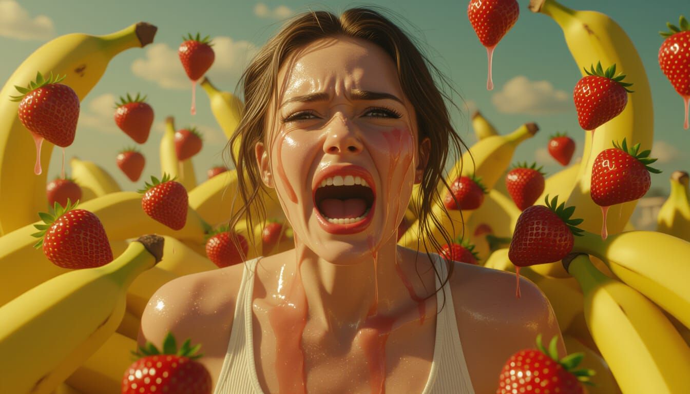 Photorealistic Fruit Attack: Woman Besieged by Bananas