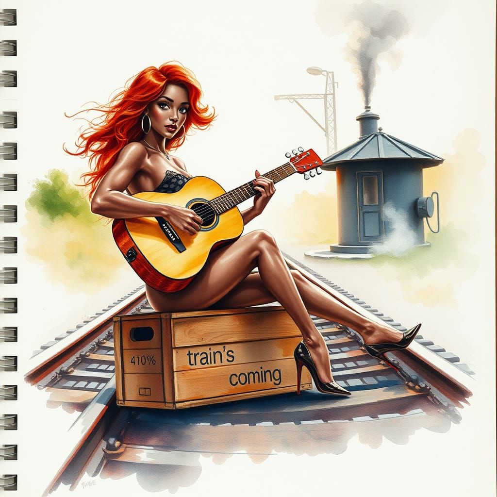 Redhead Pin-Up at Railroad Crossing: Watercolor Art