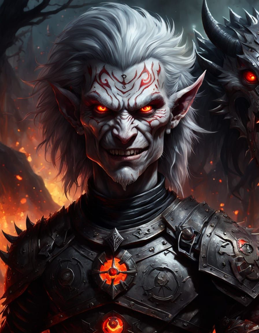 Ancient Albino Goblin Emerging from Fiery Jungle Ruins