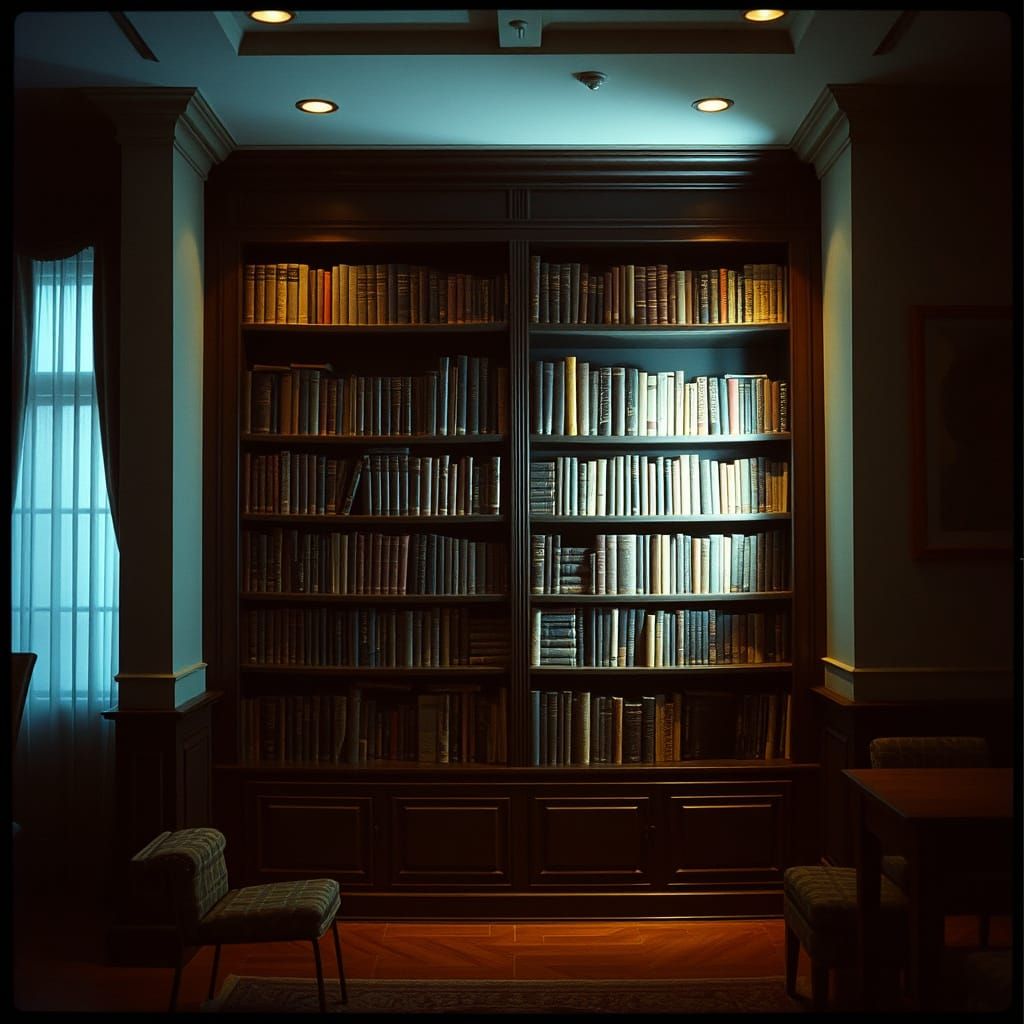 Epic Cinematic Film Still of a Bookcase