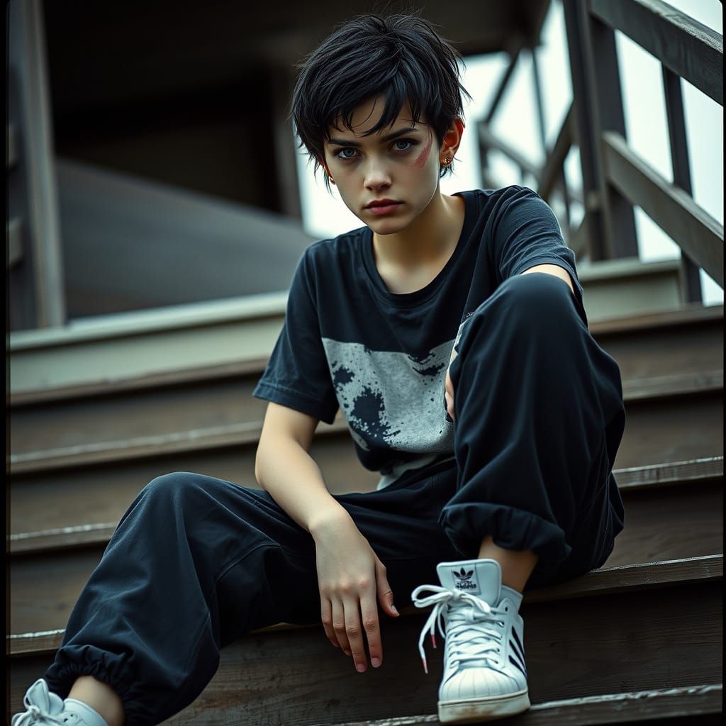 Young Woman with Injuries in Cinematic Film Still